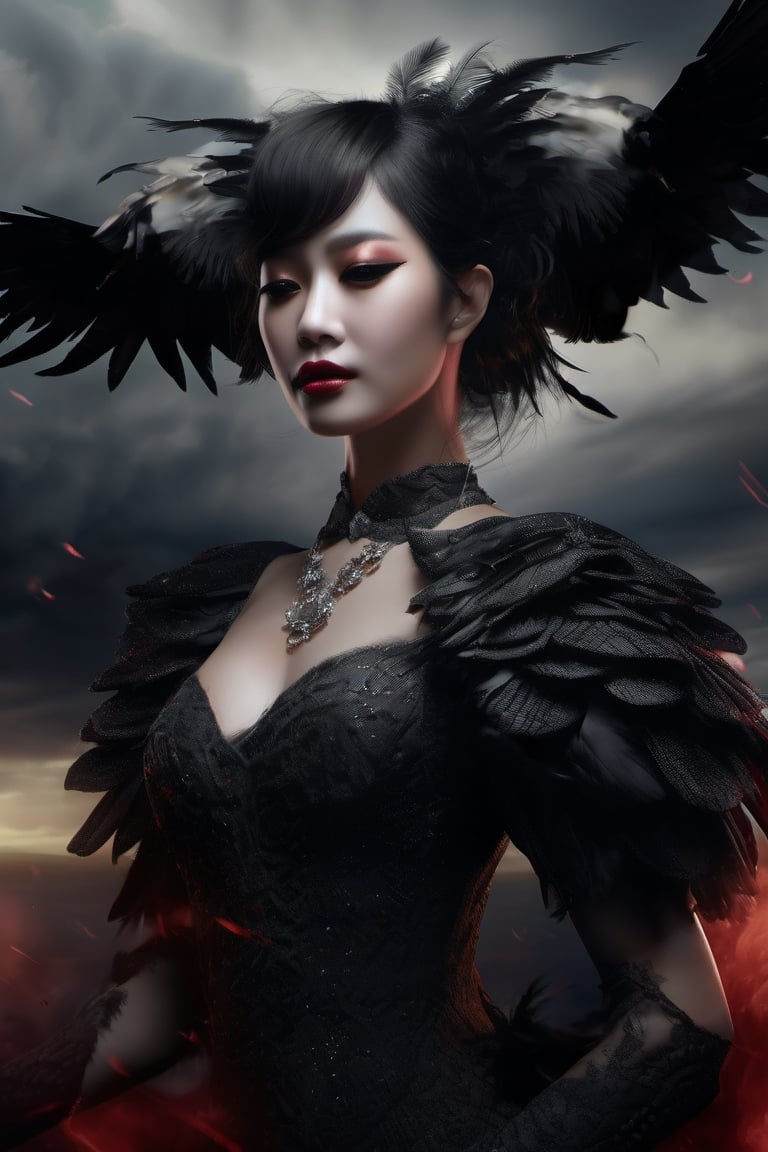 (((masterpiece))),best quality, extremely detailed CG unity 8k, illustration, contour deepening beautiful detailed glow,(beautiful detailed eyes), (1 girl:1.1), ((Bana)), large top sleeves, Floating black ashes, Beautiful and detailed black, red moon, ((The black clouds)), (black Wings) , a black cloudy sky, burning, black dress, (beautiful detailed eyes), black expressionless, beautiful detailed white gloves, (crow), bat, (floating black cloud:1.5),white and black hair, disheveled hair, long bangs, hairs between eyes, black knee-highs, black ribbon, white bowties, midriff,{{{half closed eyes}}},((Black fog)), Red eyes, (black smoke), complex pattern, ((Black feathers floating in the air)), (((arms behind back))), realistic