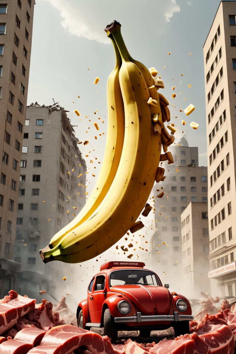 (beetle banana:1.3), [banana|beetle] advertising, volumetric light, fractals, explosion, epic heatwave, epic shockwave, pieces of meat around, soundwave, (USSR poster style:1.3), building destruction, avengers style, Movie Still,Movie Still,Film Still