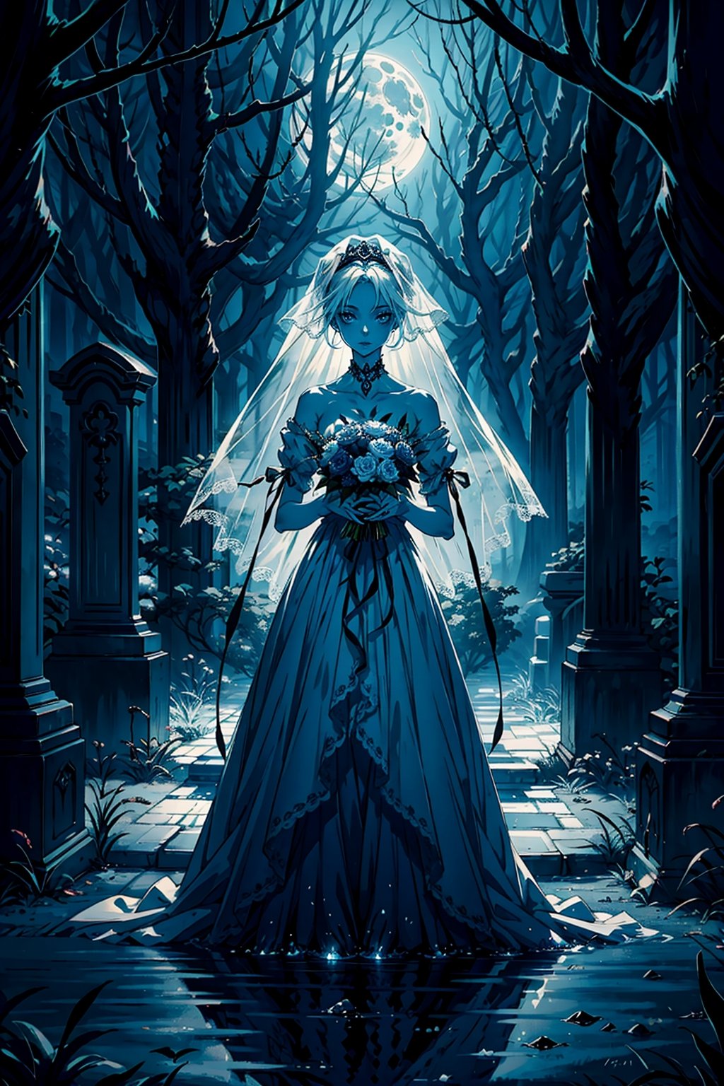 Create an AI-generated artwork inspired by the character Emily from the film "Corpse Bride,  " a spectral vision in a torn...