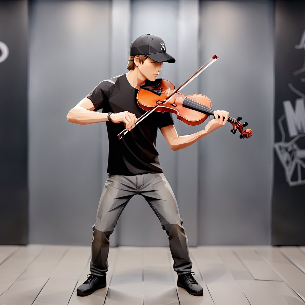 illustration of JOSHUA BELL wearing long black t shirt, grey denim jeans, black baseball hat, metro wall background, playing violin, masterpiece, perfect anatomy, full body, violin case bag on the floor