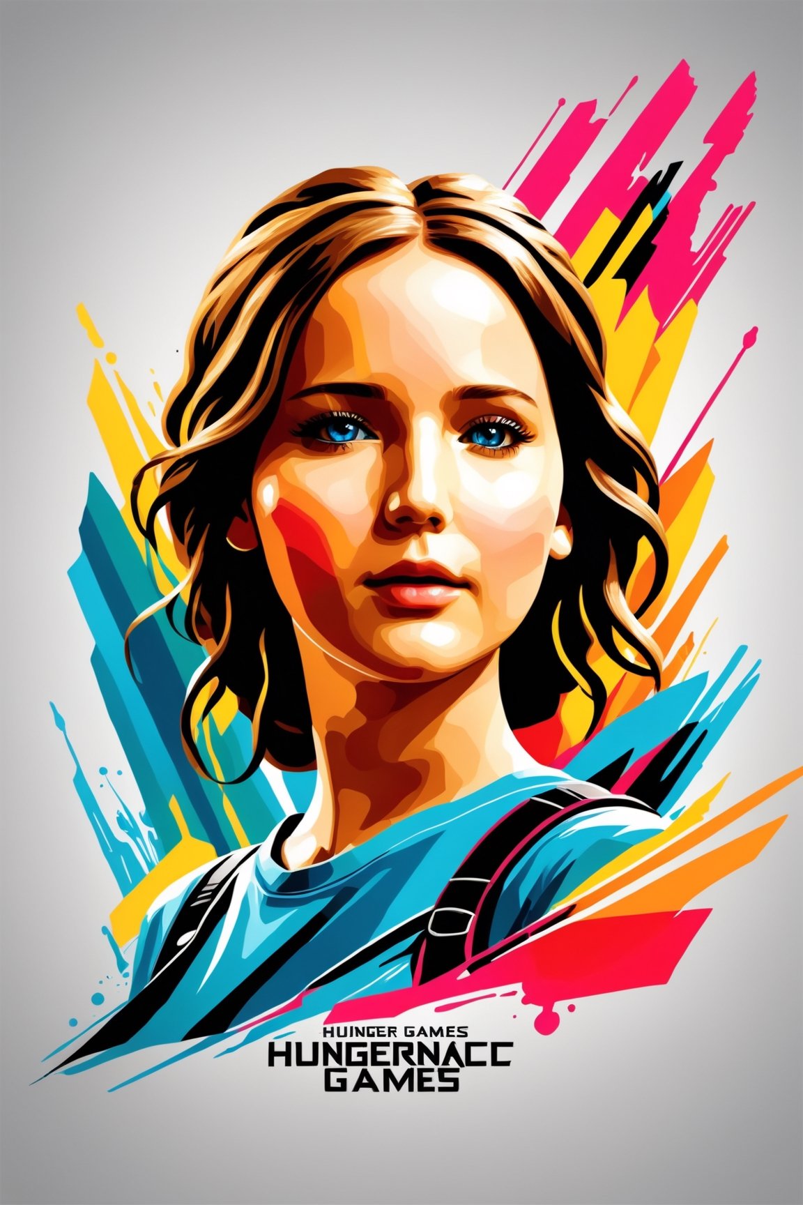 jennifer lawrence poster as Katniss Everdeen at The Hunger Games movie,  symetrical,  vector illustration by Philosophy.AI...
