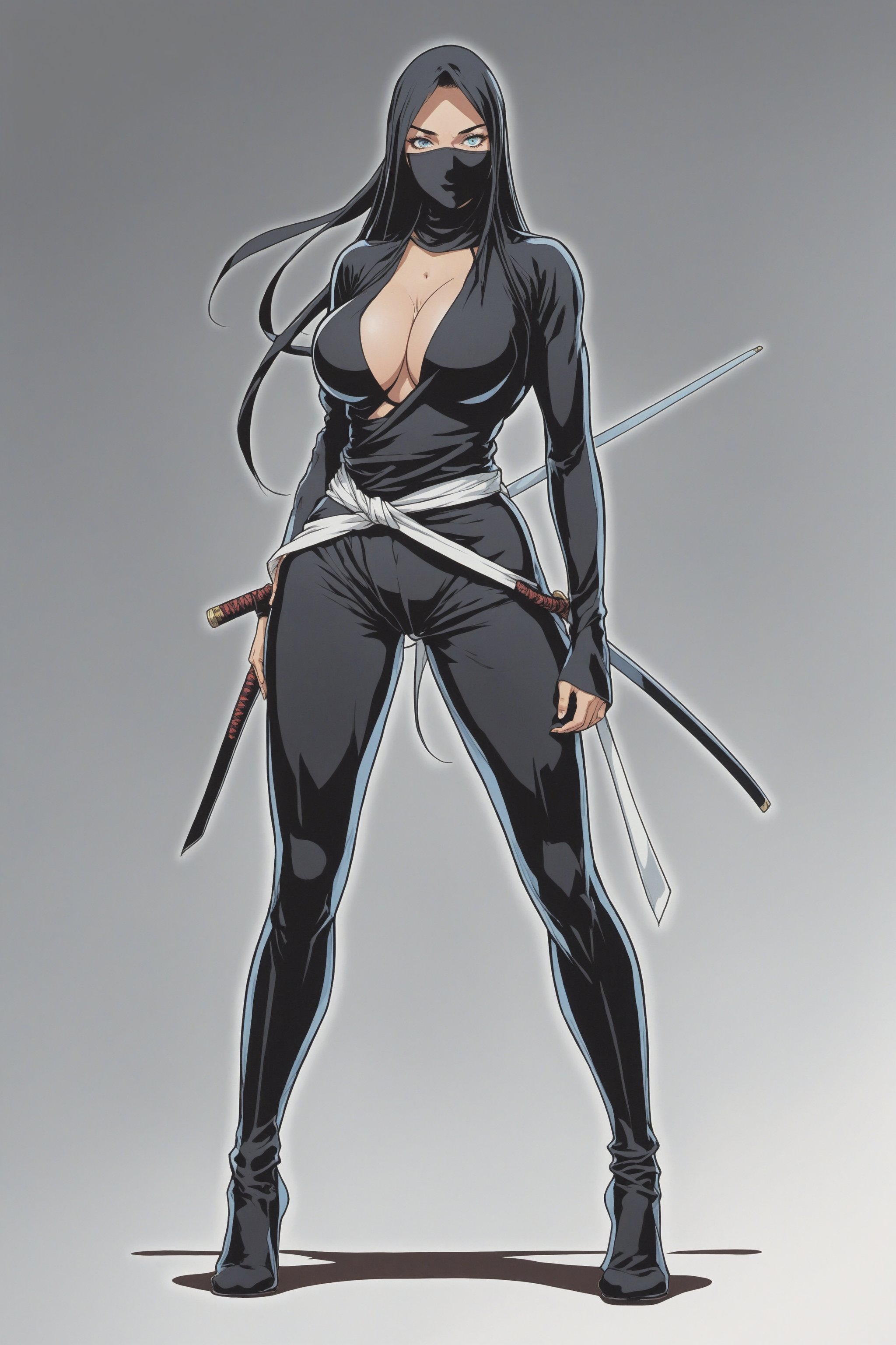 (in the combined style of Mœbius and french comics), (minimal vector:1.1), medium shot of woman, wearing ninja cloth, midshot, centered image, ((full body)), black eyes, related background, s4lma,DonMM1y4XL, large breast