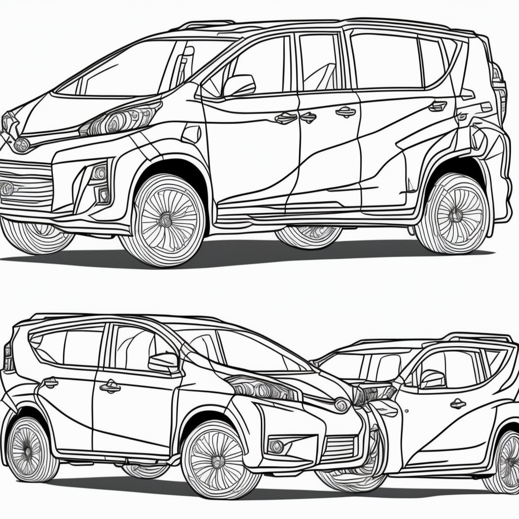 coloring book, bold line art.  White and black minimalistic draw coloring page for a toyota avanza. Defined lines. Clean Drawn. Vector, Coloring Page, Bold line art, Coloring Book, Outline