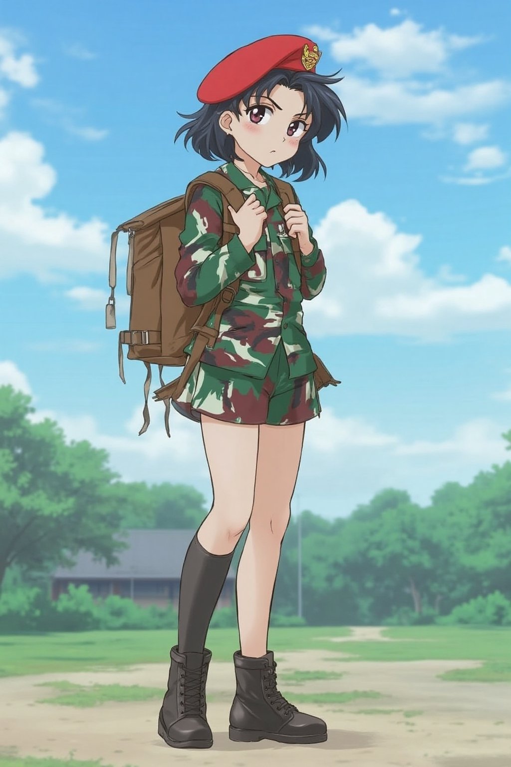 A realistic of Sailor moon stand in the cartoon anime world, wearing TNI uniform. adorned with brown backpack, red beret. 