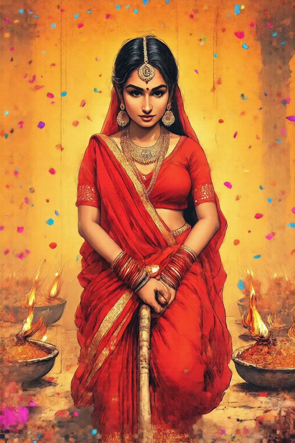 rawgritsketches, drawing indian woman at Dipawali, india festival. in the style of t0k,