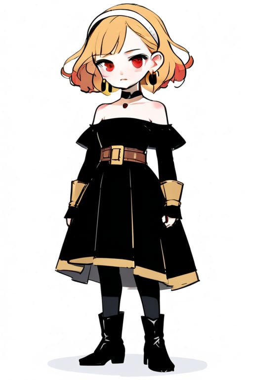 chibi, style parody, ((masterpiece,best quality)), absurdres, hmdmg1, woman, pale skin ,(bbyorf), aayorf, sidelocks, gold hairband, hair ornament, red eyes, gold earring, large breasts, choker, bare shoulders, black dress, two-sided dress, fingerless gloves, thigh boots, blush, blush stickers, solo, smiling,looking at viewer, cowboy shot, cinematic composition, contrapposto,simple background, white background, eldmeisterog style ,sks style,sketch art,album_cover,