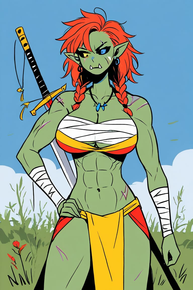 1girl, solo, braid, earrings, jewelry, breasts, abs, bandages, black sclera, blue eyes, chest sarashi, colored sclera, colored skin, female orc, greatsword, green skin, heterochromia, huge breasts, large breasts, loincloth, looking to the side, medium hair, mismatched sclera, muscular, muscular female, navel, necklace, orc, over shoulder, pointy ears, red hair, sarashi, scar, scar on arm, scar on chest, scar on face, scar on stomach, side braid, skirt, sword, tusks, twin braids, weapon, weapon over shoulder, yellow eyes, outdoors, plain, night