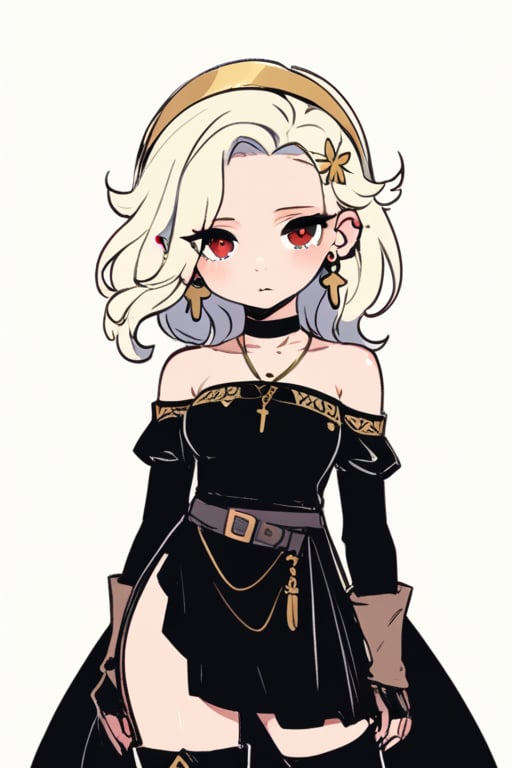 chibi, style parody, ((masterpiece,best quality)), absurdres, hmdmg1, woman, pale skin ,(bbyorf), aayorf, sidelocks, gold hairband, hair ornament, red eyes, gold earring, large breasts, choker, bare shoulders, black dress, two-sided dress, fingerless gloves, thigh boots, blush, blush stickers, solo, smiling,looking at viewer, cowboy shot, cinematic composition, contrapposto,simple background, white background, eldmeisterog style ,sks style,sketch art,album_cover,