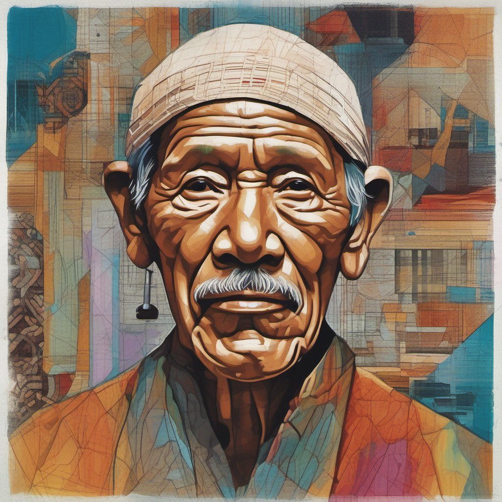 half body portrait of old Indonesian man with kopeah, facing the camera, realistic, cubist style, ballpoint pen sketch with rough, loose and faint lines, various color variations, polygonal shapes, straight lines, harmonization of color, shape and light, bright colors, high contrast, ASCII art. at the bottom there is the words "NAMA ANDA" which is clearly legible and spelled correctly.