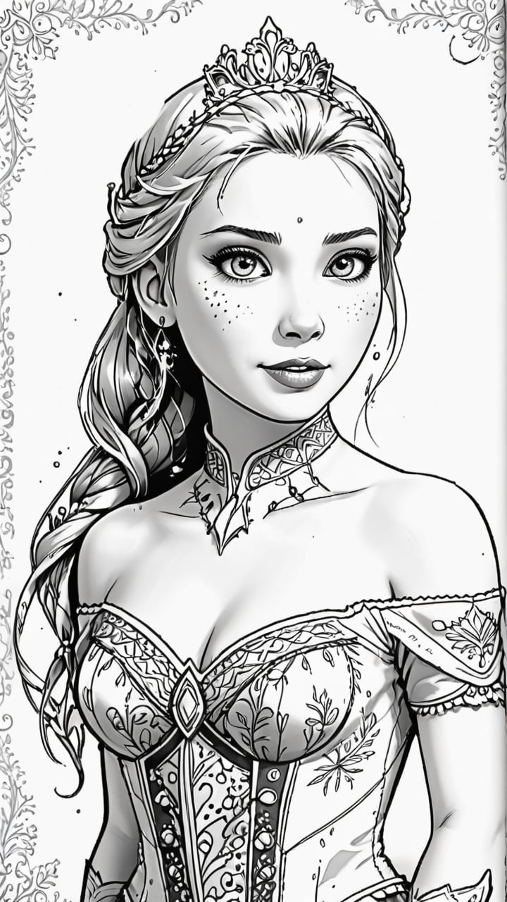 frozen princess elsa themes coloring book,black and white, for kids, best quality, ultra detailed, photorealistic, high quality, high resolution, super detailed, drwbk coloring book drawing