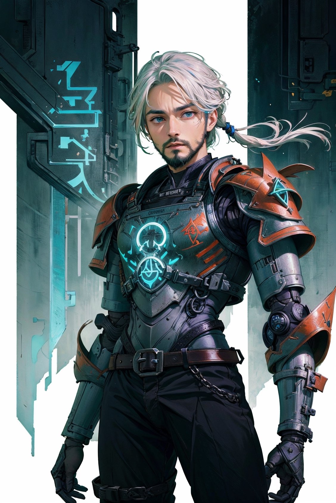 masterpiece, (((1boy))), realistic,(((putra))), 8k, perfect anatomy, perfect eyes, perfect hand, perfect finger, detailed face, (( medium full shot)),male, glowing, blue eyes, shoulder armor, full armor, looking at viewer, ((white hair, long hair,front hair covers right eye, full beard, hair tied, masculine, manly)), pauldrons, dynamic background, power armor, (((solo))), swordsman, with buckle and tape,perfecteyes, mecha musume, ,cyberpunk robot,mecha,Science Fiction, GlowingRunes_, GlowingRunes_green, Shinsengumi Haori,BG0,robot,samurai,putra,