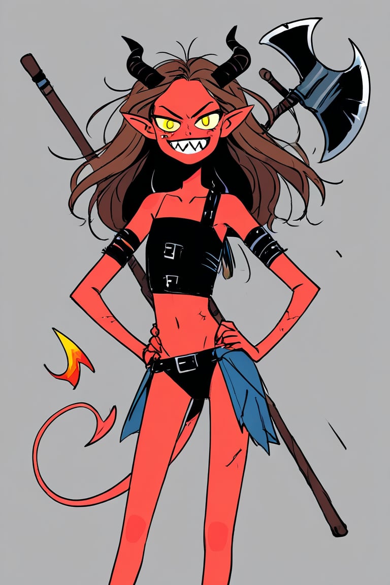 1girl, solo, grin, horns, smile, teeth, collarbone, armor, axe, bare shoulders, broken horn, brown hair, colored skin, demon girl, demon horns, demon tail, fire, flat chest, hand on own hip, holding, holding axe, holding weapon, long hair, looking at viewer, pointy ears, red hair, red skin, sharp teeth, single bare shoulder, tail, tiefling, upper body, weapon, yellow eyes