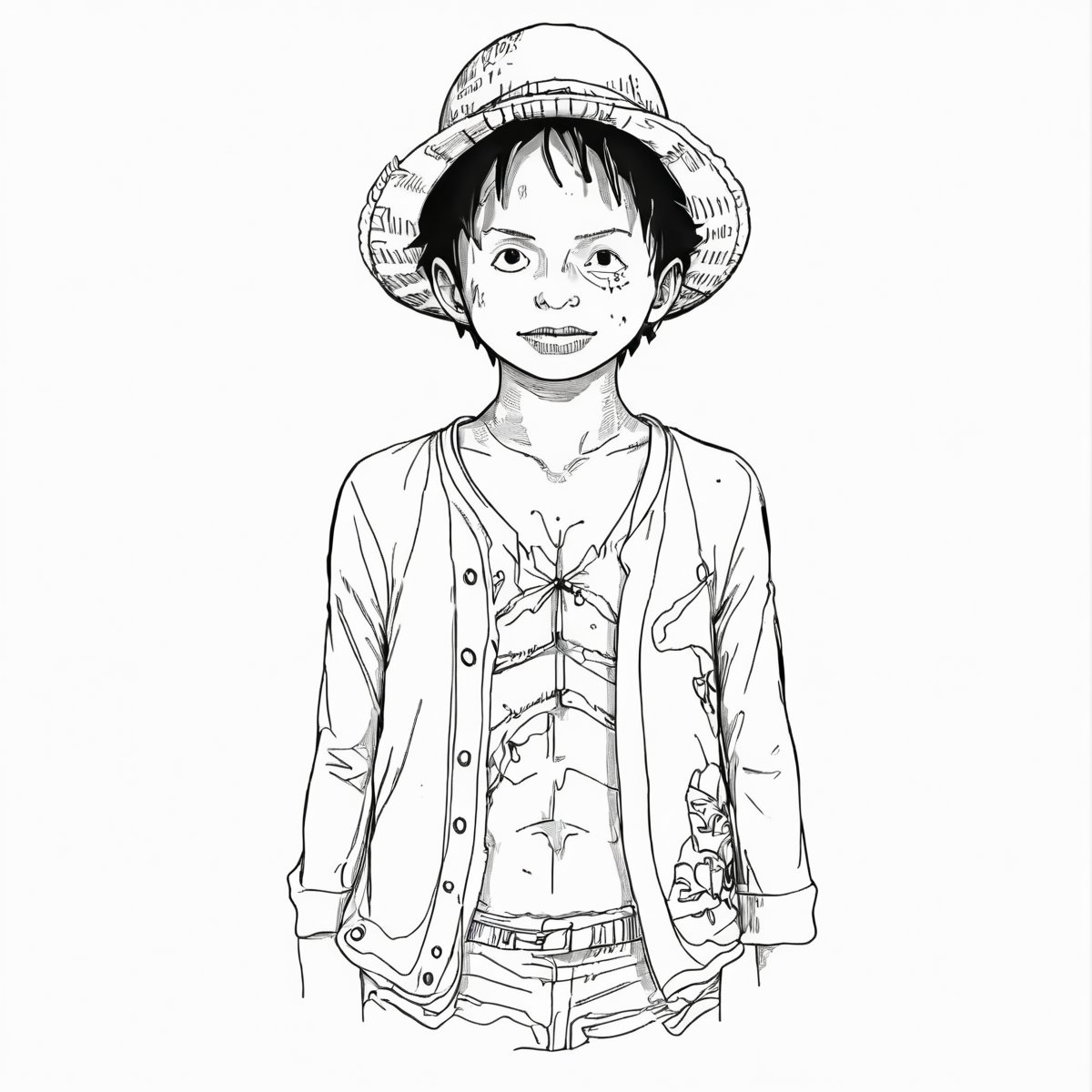 coloring book, bold line art. White and black minimalistic draw coloring page for Monkey Di Luffy. Defined lines. Clean Drawn. Vector, Coloring Page, Bold line art, Coloring Book, Outline, Coloring, Coloring Sheet, Coloring Book, Coloring Page, Black and white, illustration, Draw, drwbk coloring book drawing