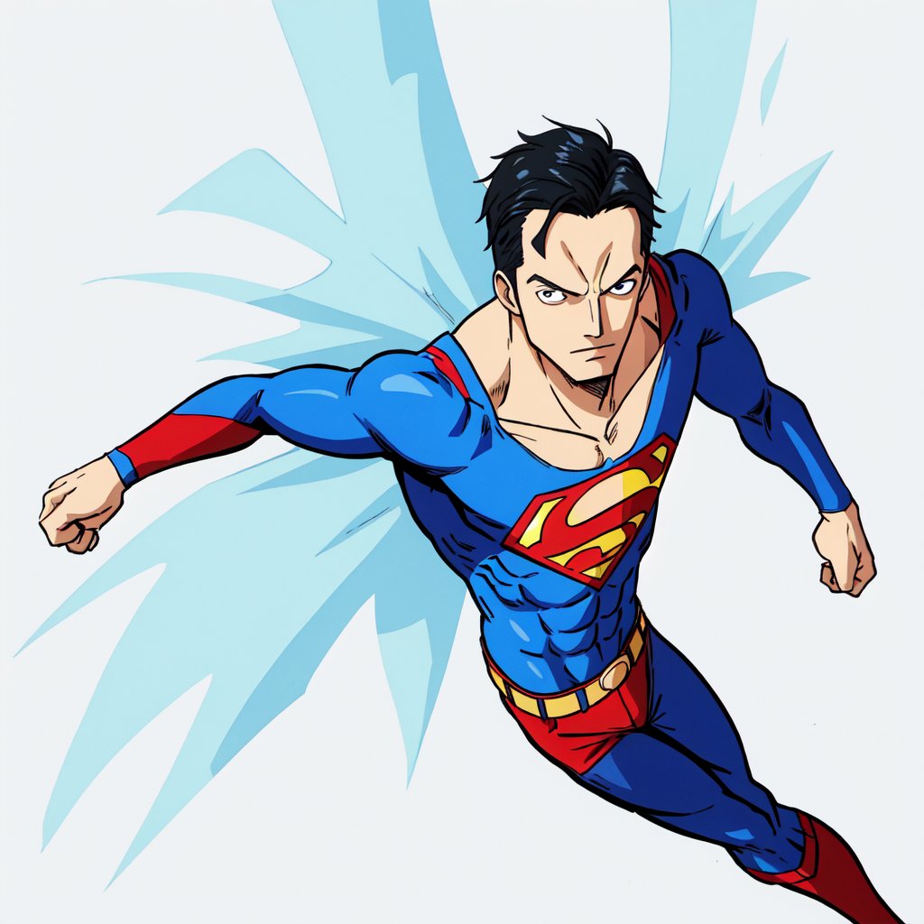 An illustration of superman, look to viewer, simple background, (One piece style)