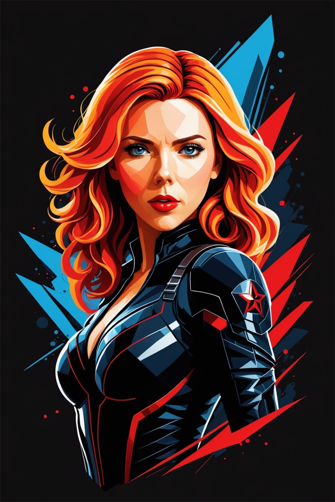 Scarlett Johansson poster as Black Widow at avenger movie ,  symetrical,  vector illustration by Philosophy.AI on Tensor.Art