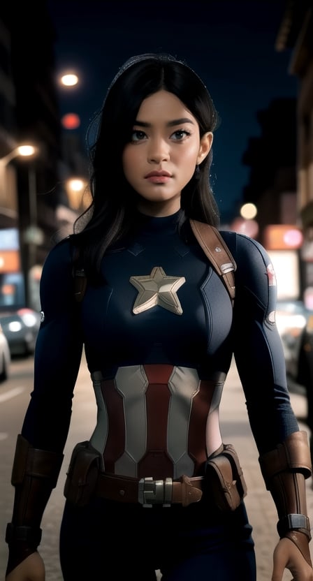 centered, upper body, masterpiece, | female captain america, standing, looking at viewer, | city, urban, street, city lights, | night, bokeh, depth of field,nindi,mandha