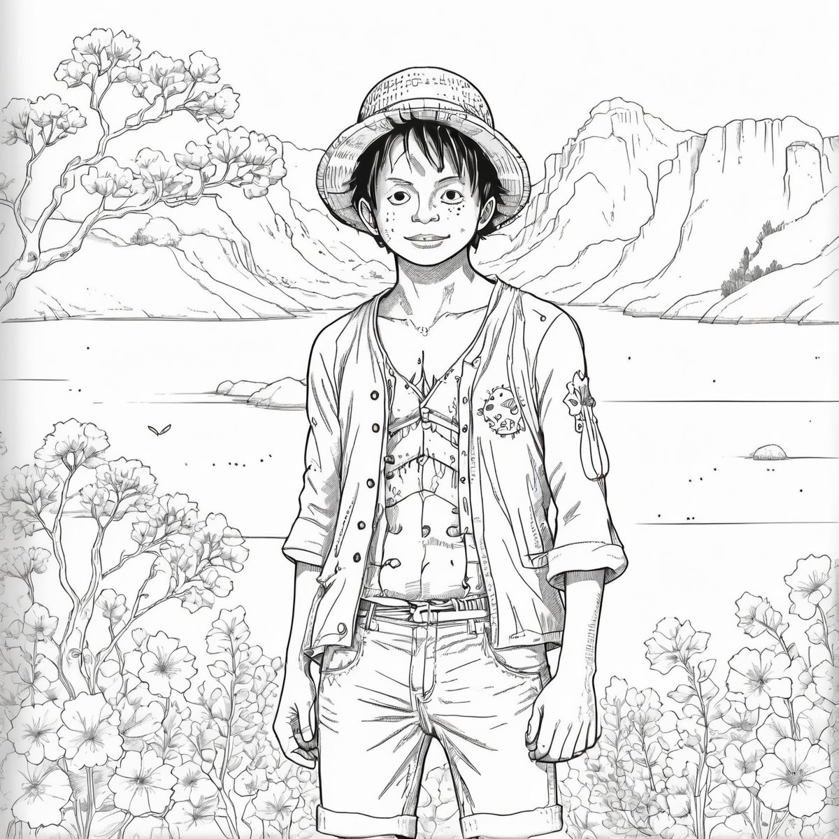 coloring book, bold line art. White and black minimalistic draw coloring page for Monkey Di Luffy. Defined lines. Clean Drawn. Vector, Coloring Page, Bold line art, Coloring Book, Outline, Coloring, Coloring Sheet, Coloring Book, Coloring Page, Black and white, illustration, Draw, drwbk coloring book drawing