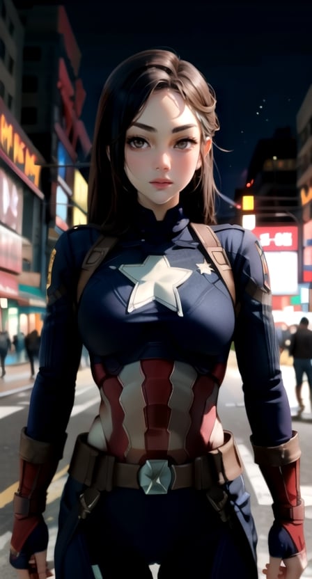 centered, upper body, masterpiece, | female captain america, standing, looking at viewer, | city, urban, street, city lights, | night, bokeh, depth of field,dinda,Sasha Grey,sagging breasts,c3ln