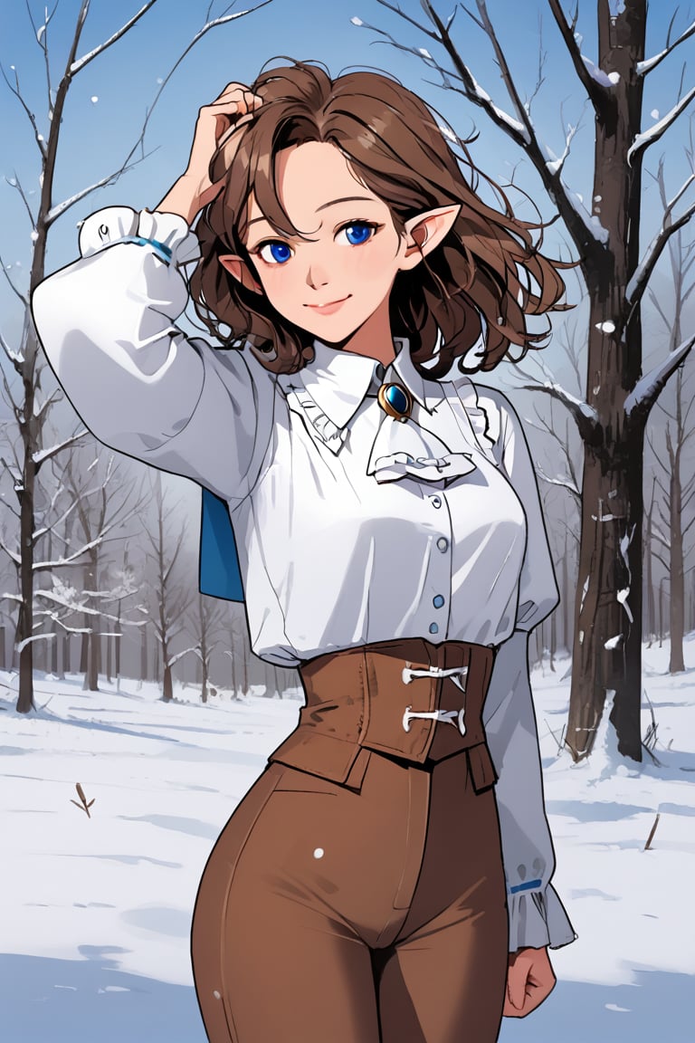 1girl, solo, sidelocks, smile, lips, breasts, cowboy shot, brown hair, medium hair, blue eyes, hair between eyes, closed mouth, pointy ears, medium breasts, snow, pants, frills, snowing, long sleeves, looking at viewer, corset, outdoors, shirt, ascot, standing, arm up, brown pants, puffy long sleeves, frilled shirt, center frills, adjusting hair, white shirt, frilled sleeves, underbust, wind, puffy sleeves, brooch, white neckwear, elf, hair tucking, buttons, hand up, tree, hand in hair, white ascot, blouse, double-breasted, winter, brown corset, arm at side, floating hair, nature