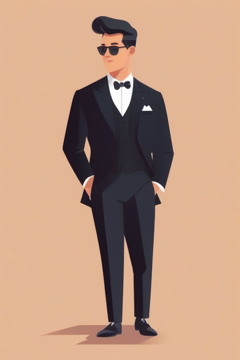 flat design, cartoon style, full body picture, well dressed man, black suit, pomadour hair, black bow tie, black shoes, white pocket square, white background