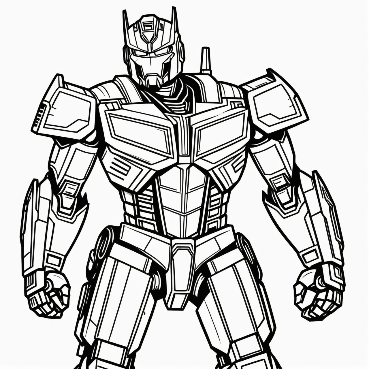 coloring book, bold line art. White and black minimalistic draw coloring page for a optimus prime, Picture this villain in an otherworldly suit of armor,Mecha. Defined lines. Clean Drawn. Vector, Coloring Page, Bold line art, Coloring Book, Outline, Coloring, Coloring Sheet, Coloring Book, Coloring Page, Black and white, illustration, Draw, drwbk coloring book drawing