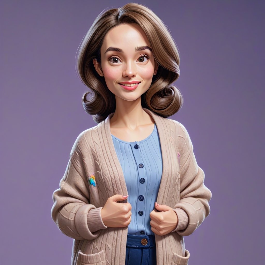 Create a realistic 3D woman,caricature, 3D oil painting caricature, wearing (long cardigan), resembling, (random contrast) solid background, medium shot,