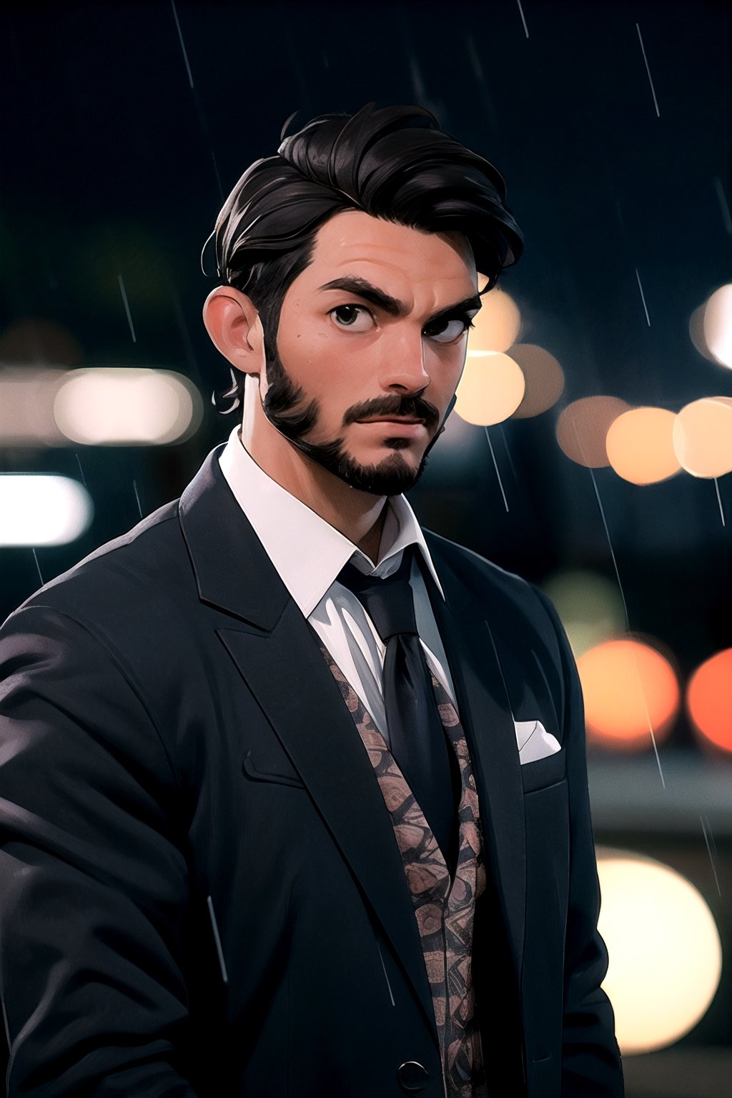 masterpiece, upper body portrait, standing, (looking at viewer:1.2), brown hair, man, beard, medium hairstyle, masculine, black tuxedo suit, | outdoors, city, (night time), night, (raining), cinematic, | depth of field, bokeh, ,3DMM,adjie