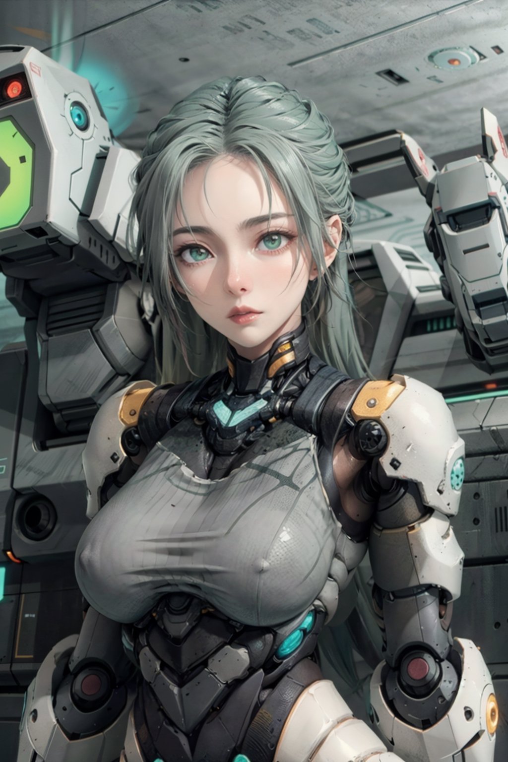 shodanSS_soul3142, 1girl, solo, green eyes, glowing eyes, robot joints, long hair, looking at viewer, glowing, green hair, grey skin, android, colored skin,sagging breasts,SAM YANG,wul4n