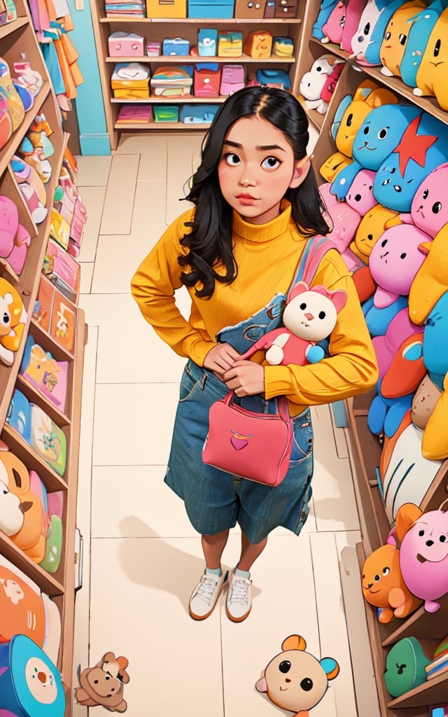 masterpiece, best quality, high detailed, colorful, from above, solo, realistic, girl standing in a store with lots of stuffed animals on the shelves and a bag of stuff, hazel eyes, fisheye lens
,dinda