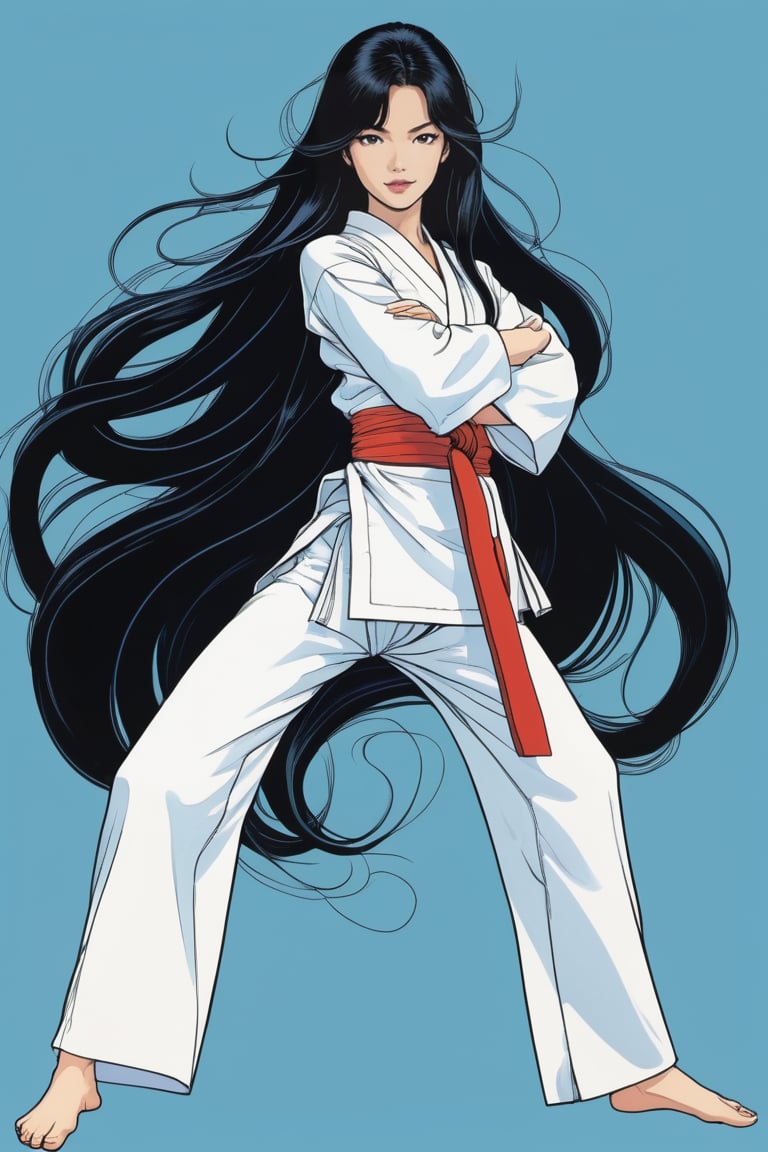 (in the combined style of Mœbius and french comics), (minimal vector:1.1), medium shot of woman, ((full body)), black eyes, black long hair, 21 years old, related background, wearing karate costume, ,DonMM1y4XL,raiden shogun