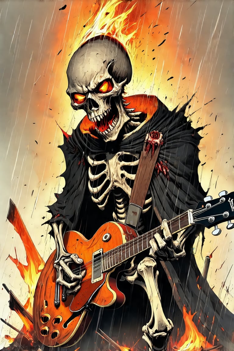 rawgritsketches, (Motion blur:1),(Art style of Benedick bana:1.6),, , , ugliest SKELETON heads with scary faces on head, pumpkin teeth, misty background, fire eyes, playing fire guitar, in the style of t0k