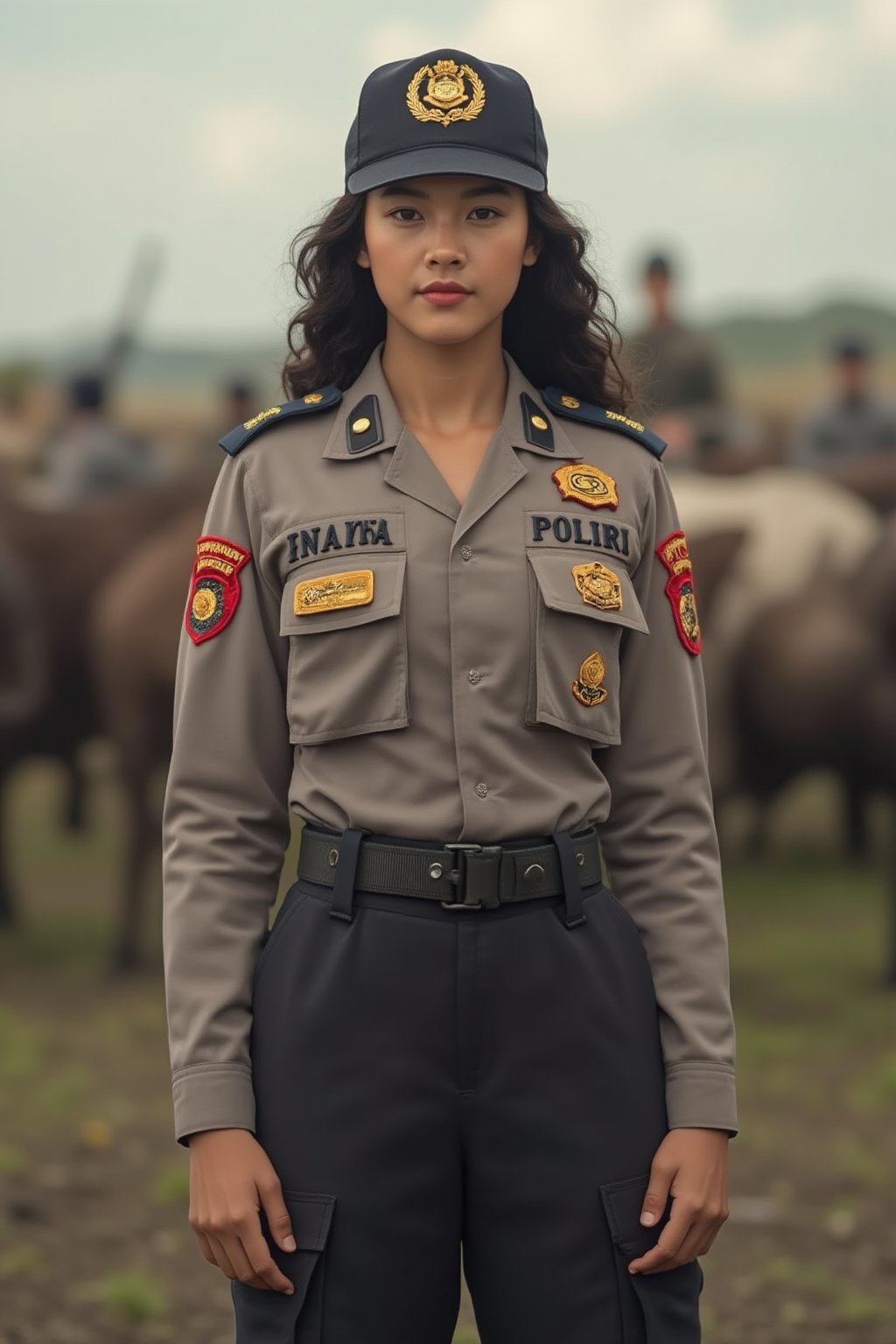 Asian yong woman with curly long hair stand in the foreground of battlefield, wearing (knotted shirt) polr1 police uniform. the uniform is adorned with The word "HANAKAWA" is embroidered on the left chest, and the word "POLRI" is embroidered on the right chest. Cowboy shot. 