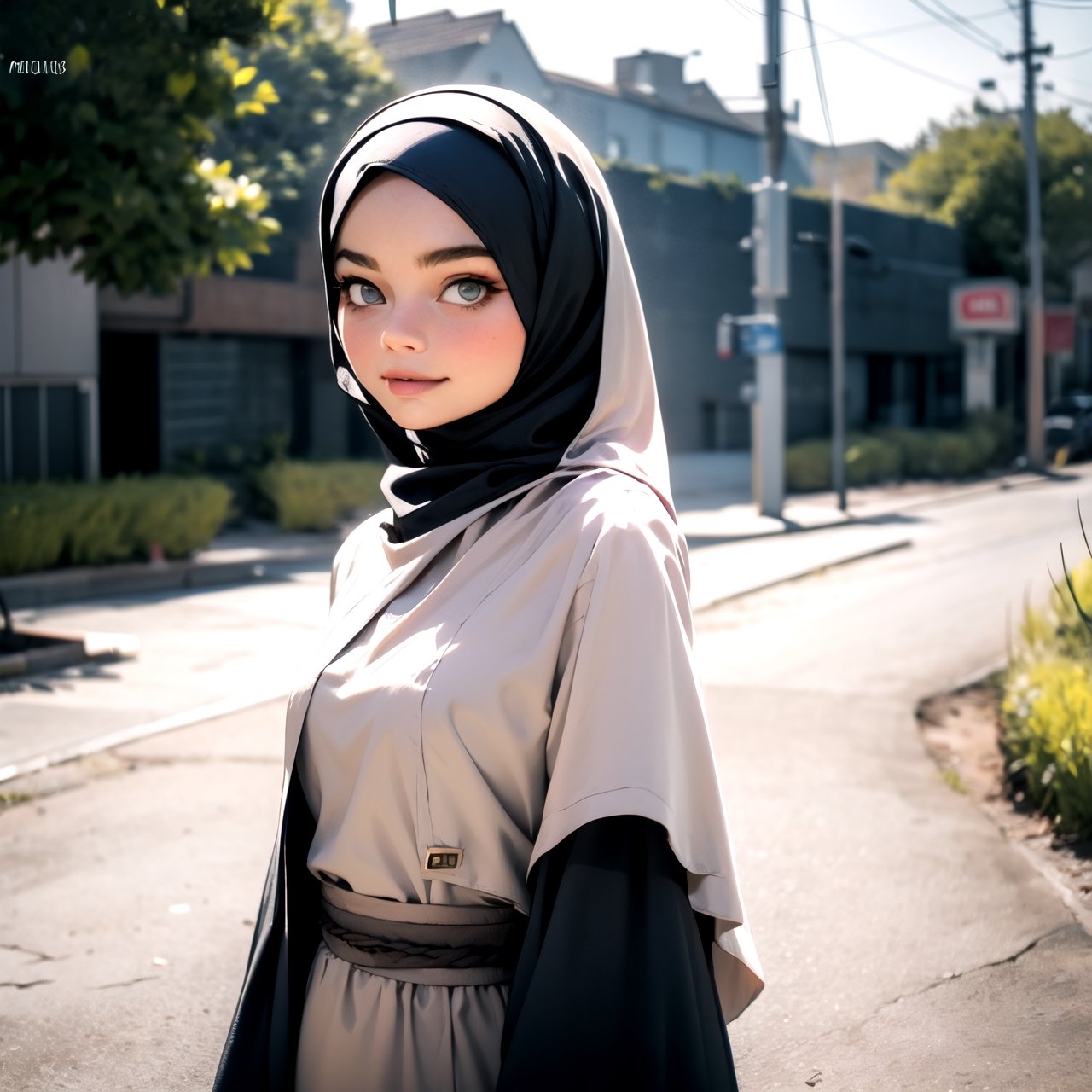 lady, 25 years old, hijab, modest, graceful, delicate face, perfect, royal, random color dress, random aesthetic outdoor background, loose clothes,exposure blend, cowboy shot, bokeh, (hdr:1.4), high contrast, (cinematic, random color), (muted colors, dim colors, soothing tones:1.3), low saturation, dramatic pose, upper body, mature face,gamis, smile, aesthetic,perfecteyes, looking at viewer,(( Margot Robbie))