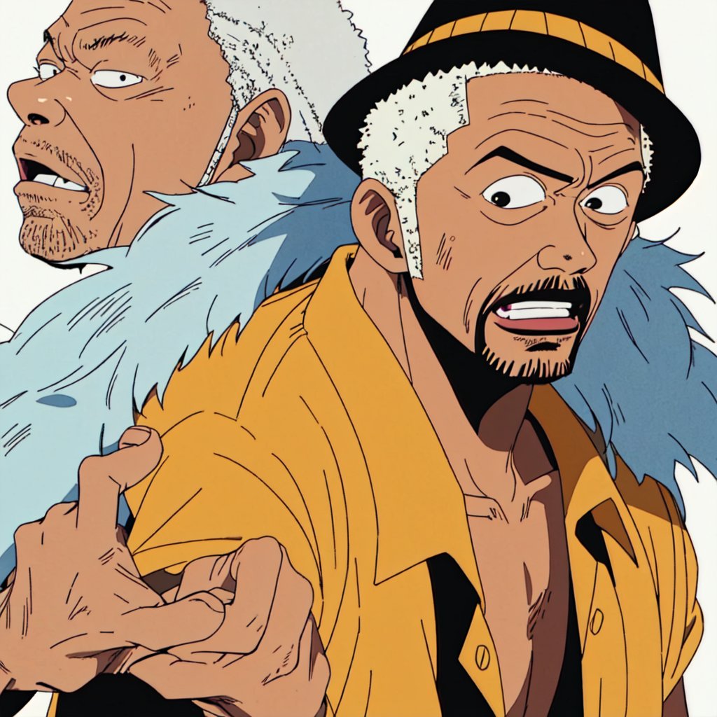 An illustration of morgan freeman, look to viewer, simple background, (One piece style)