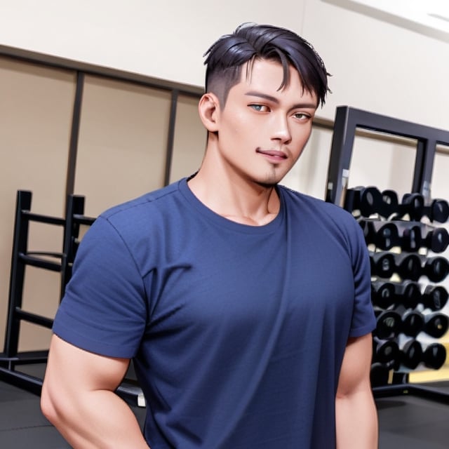 Handsome man with muscle, wearing t shirt, sleveless, background at gym