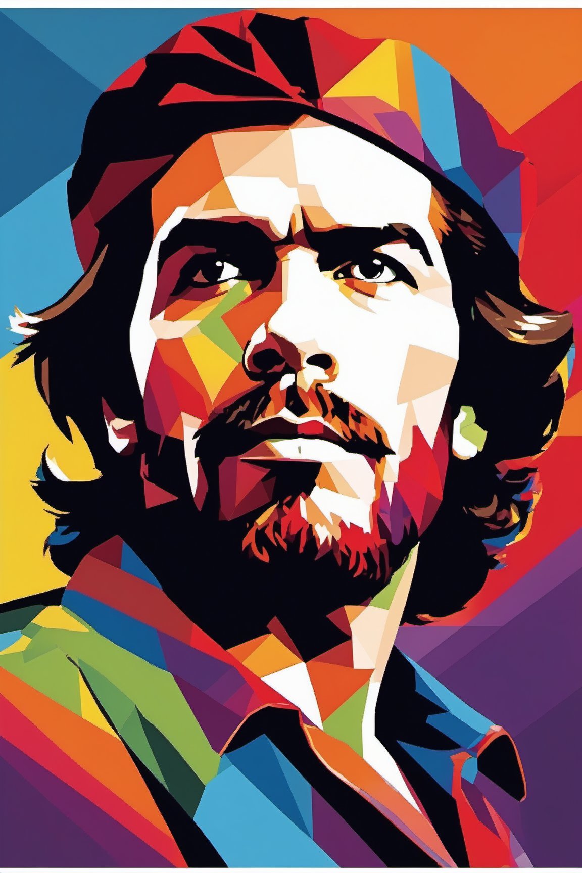 a vibrant and dynamic WPAP artwork (t-shirt design), featuring a man (Che Guevara), army attire and red barret, smoking cigar, posing perfectly, using pop art style with Rearrangement of portrait using geometric shapes with a mixture of vibrant colors. Dimensions of the redrawn face do not change, so the final appearance of the transformed object still looks clear and resembles original. Although built from flat planes, the dimensions in the illustrations created in the WPAP style are still clearly visible by utilizing light and shadow, imaginary lines that form the face, and the location of facial features and proportions.