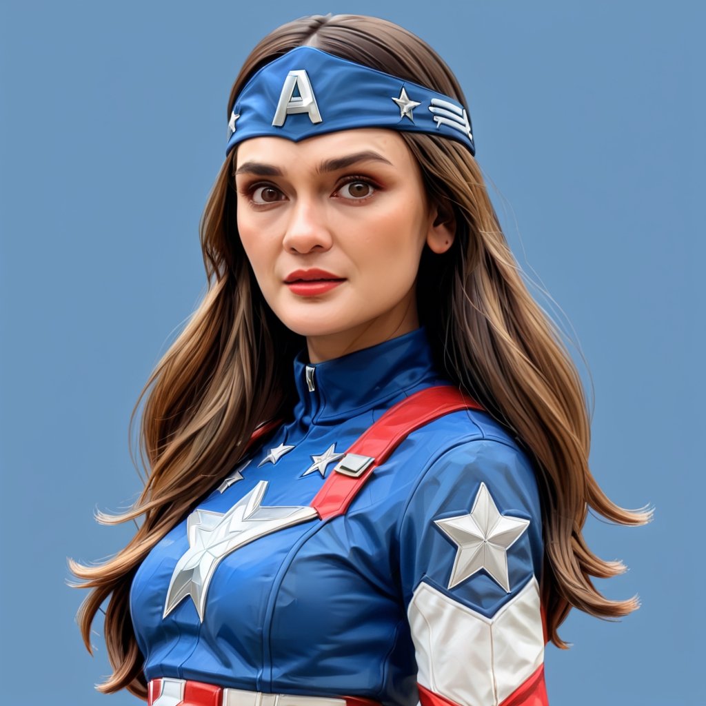 Create a realistic 3D lun4, luna maya, woman, caricature, 3D oil painting caricature, wearing (female captain america), (medium shot), resembling, (random contrast) solid background,