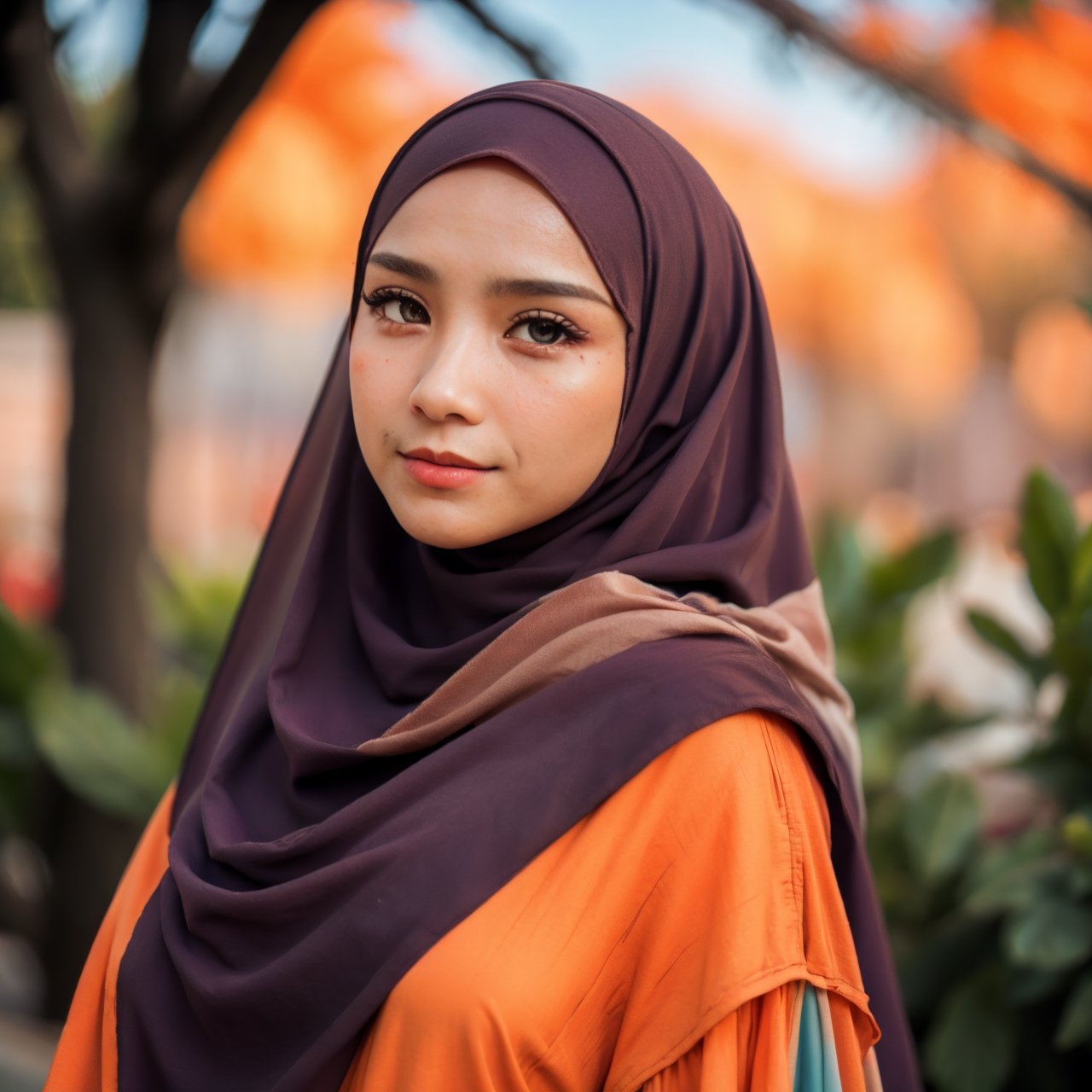 lady, 25 years old, hijab, modest, graceful, delicate face, perfect, royal, random color dress, random aesthetic outdoor background, loose clothes,exposure blend, cowboy shot, bokeh, (hdr:1.4), high contrast, (cinematic, teal and orange:0.85), (muted colors, dim colors, soothing tones:1.3), low saturation, dramatic pose, upper body, mature face,gamis, smile, aesthetic,perfecteyes,n4git4