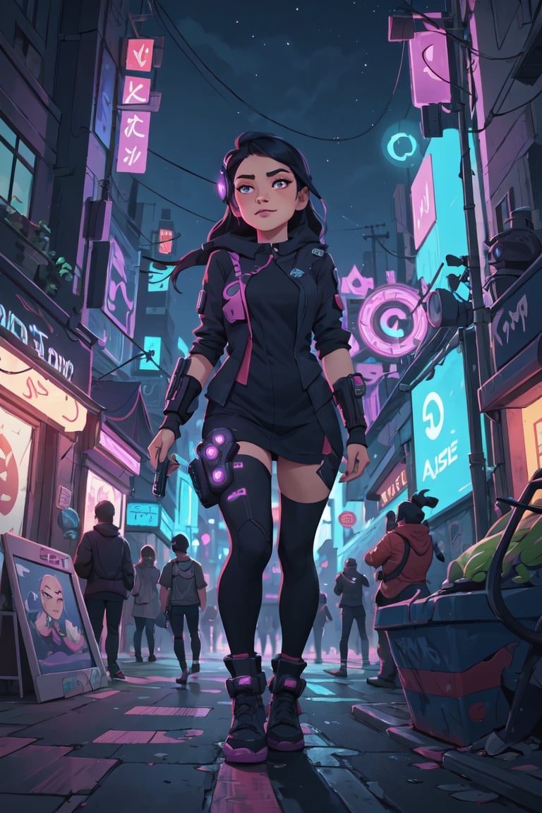 1girl,cyberpunk city,night ciry,realistic,science fiction,flat colors,,jinx \(league of legends\),beautiful,(cute:1.2),alessa