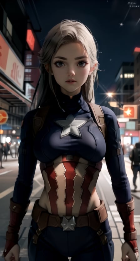 centered, upper body, masterpiece, | female captain america, standing, looking at viewer, | city, urban, street, city lights, | night, bokeh, depth of field,dinda,Sasha Grey,sagging breasts,c3ln,1girl,upshirt