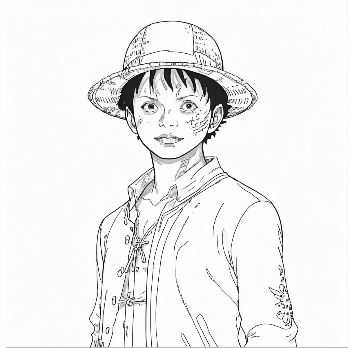 coloring book, bold line art. White and black minimalistic draw coloring page for Monkey Di Luffy. Defined lines. Clean Drawn. Vector, Coloring Page, Bold line art, Coloring Book, Outline, Coloring, Coloring Sheet, Coloring Book, Coloring Page, Black and white, illustration, Draw, drwbk coloring book drawing