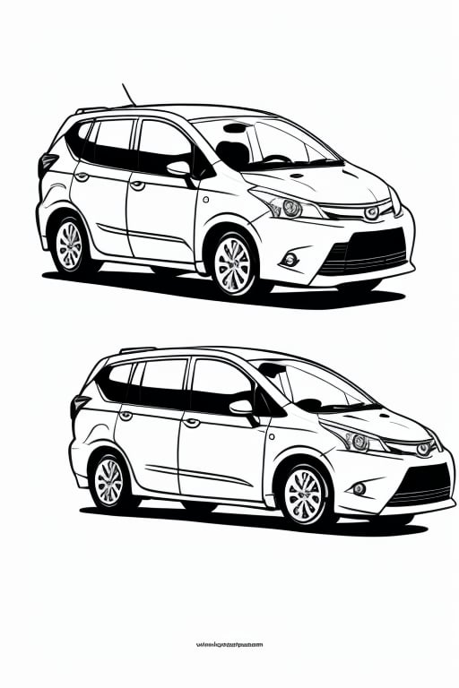 coloring book, bold line art.  White and black minimalistic draw coloring page for a toyota avanza. Defined lines. Clean Drawn. Vector, Coloring Page, Bold line art, Coloring Book, Outline