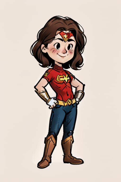 chibi, style parody, ((masterpiece,best quality)), absurdres, hmdmg1, woman, gal gadot,  pale skin ,wonder woman costume, blush, blush stickers, solo, smiling,looking at viewer, cowboy shot, cinematic composition, contrapposto,simple background, white background, eldmeisterog style ,sks style,sketch art, multiple belts, fingerless gloves, black clothes,DEATHMETAL,album_cover