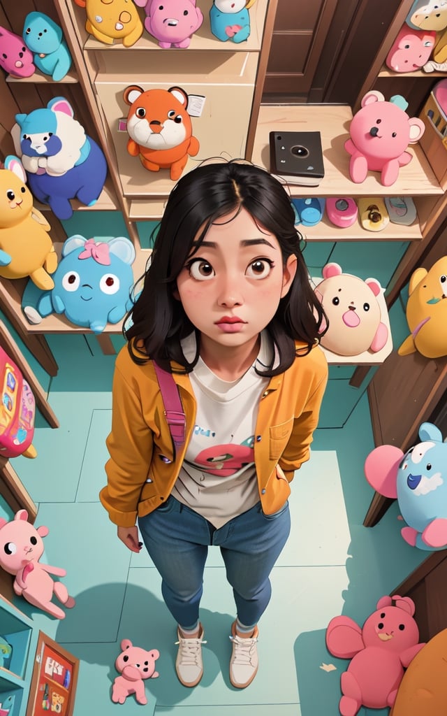 masterpiece, best quality, high detailed, colorful, from above, solo, realistic, girl standing in a store with lots of stuffed animals on the shelves and a bag of stuff, hazel eyes, fisheye lens
,mandha,perfect,nindi