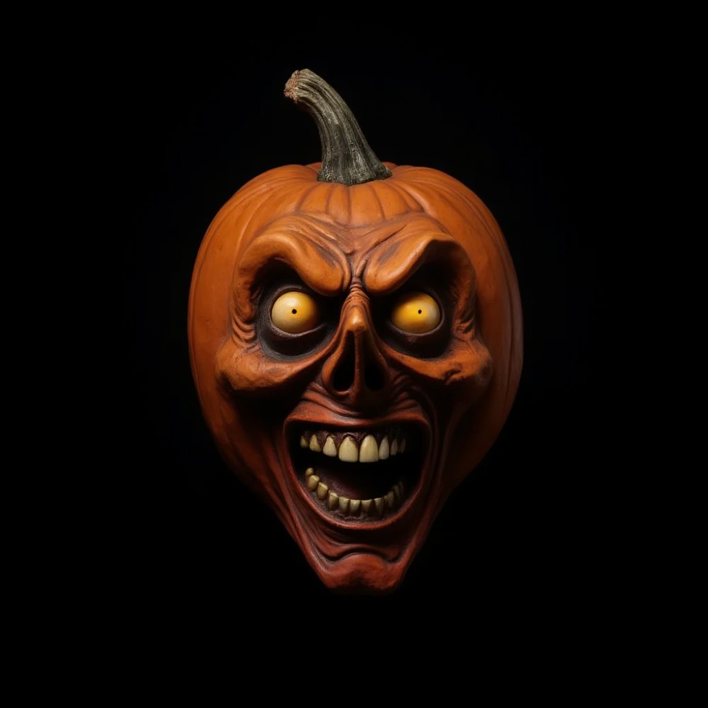 hall00ween, Halloween mask, scarry pumpkin with glowing effect. black background. in the style of t0k