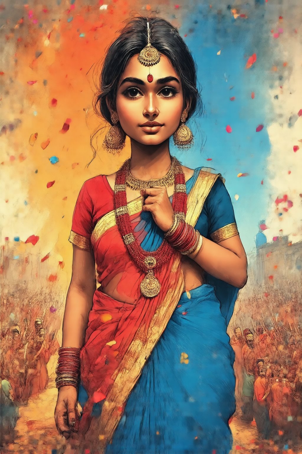 rawgritsketches, drawing indian woman at Dipawali, india festival. in the style of t0k,