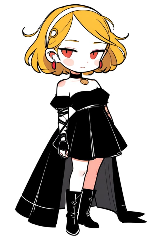 chibi, style parody, ((masterpiece,best quality)), absurdres, hmdmg1, woman, pale skin ,(bbyorf), aayorf, sidelocks, gold hairband, hair ornament, red eyes, gold earring, large breasts, choker, bare shoulders, black dress, two-sided dress, fingerless gloves, thigh boots, blush, blush stickers, solo, smiling,looking at viewer, cowboy shot, cinematic composition, contrapposto,simple background, white background, eldmeisterog style ,sks style,sketch art,album_cover,