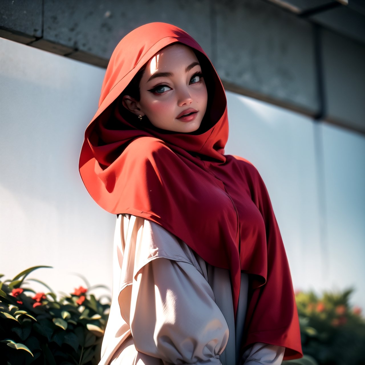 lady, 25 years old, hijab, modest, graceful, delicate face, perfect, royal, random color dress, random aesthetic outdoor background, loose clothes,exposure blend, cowboy shot, bokeh, (hdr:1.4), high contrast, (cinematic, teal and orange:0.85), (muted colors, dim colors, soothing tones:1.3), low saturation, dramatic pose, upper body, mature face,gamis, smile, aesthetic,perfecteyes, looking at viewer,((angelina jolie))