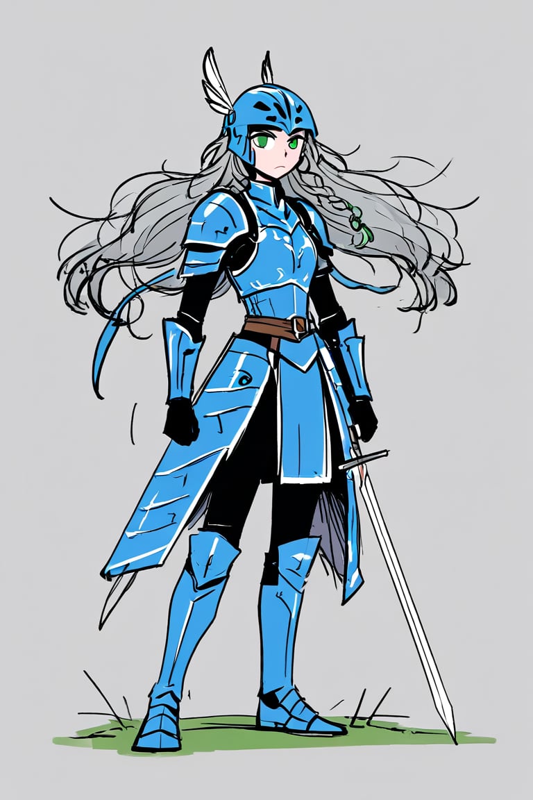 1girl, solo, braid, armor, armored dress, blue armor, feathers, green eyes, grey hair, helmet, long hair, sketch, standing, sword, valkyrie, weapon