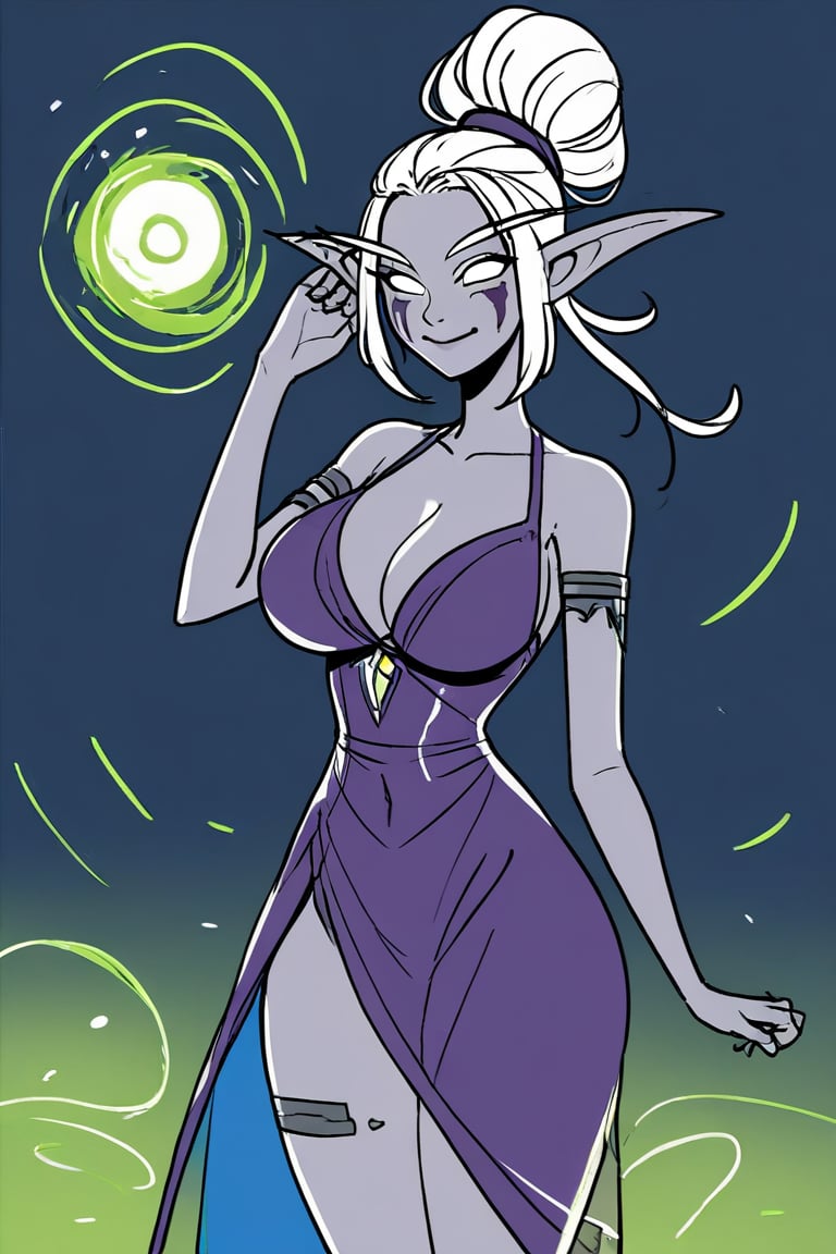 1girl, solo, smile, breasts, bare shoulders, closed mouth, colored skin, dress, ears through headwear, elf, energy ball, grey skin, hand up, large breasts, long eyebrows, looking at viewer, magic, night elf \(warcraft\), nightborne, pointy ears, purple dress, thigh gap, white eyes, white hair